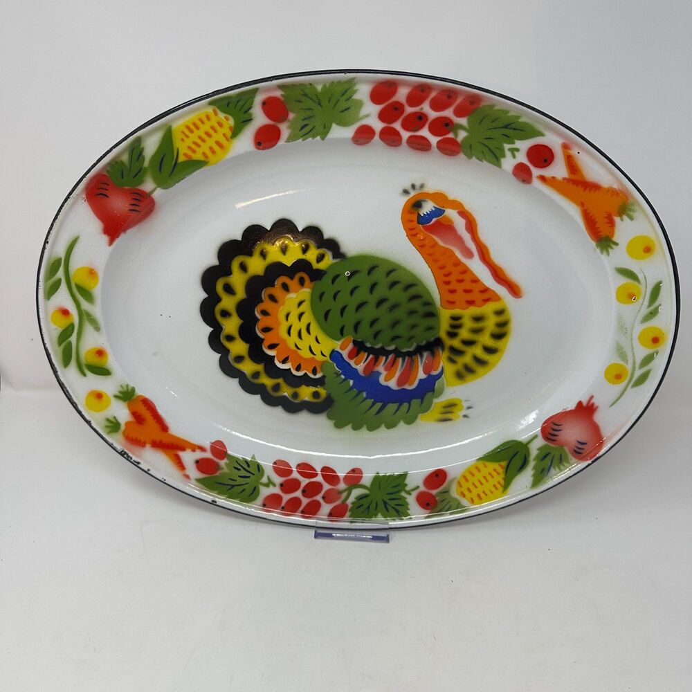 Vtg Mid Century Enamel Turkey Platter18" Oval Thanksgiving Tray Fruit Border